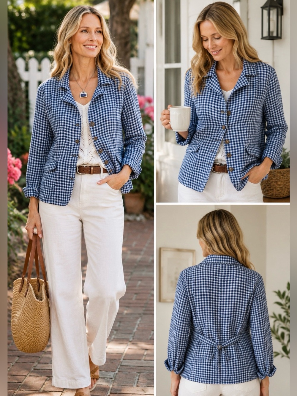 💥NWOT Sundance Ziri Linen Blue Gingham Check Button Front Blazer Jacket~XXL🧡